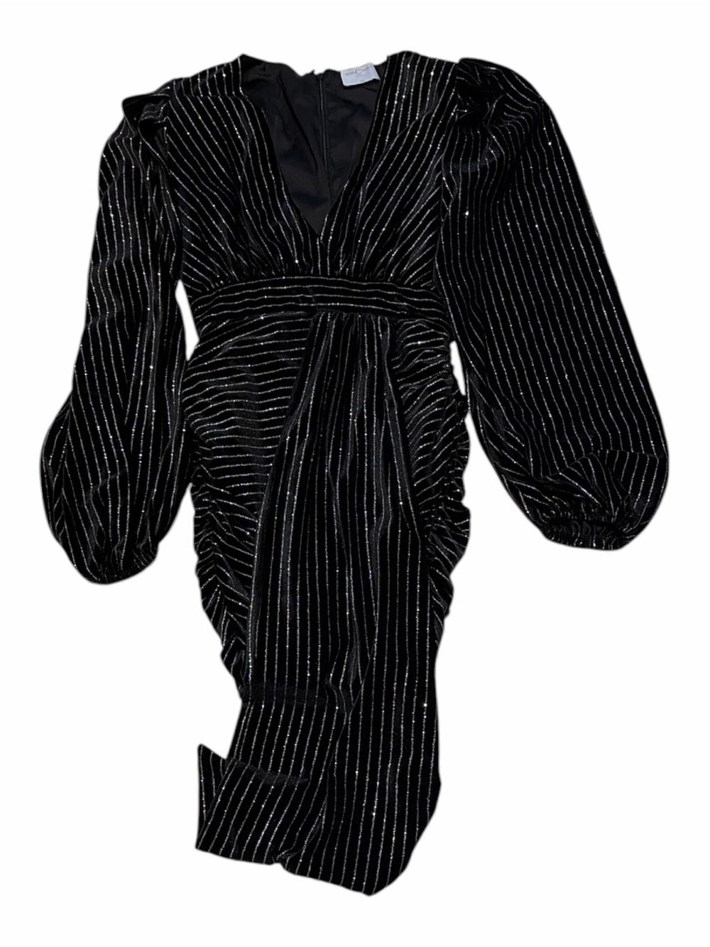 Black Metallic-Striped V-Neck Balloon Sleeve Mini Dress